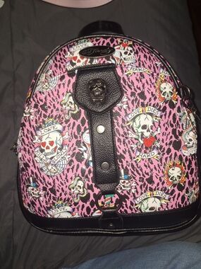 Ed Hardy Pink Skull & Tattoo Print Backpack